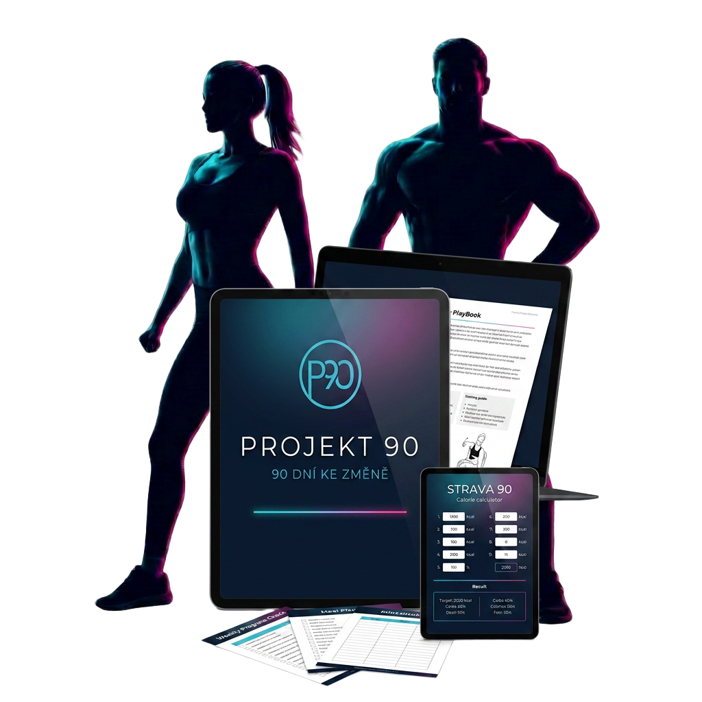 Digitální sada Projekt 90 — tablet s obálkou, otevřená stránka PlayBooku, kalkulačka STRAVA 90 a tisknutelné checklisty